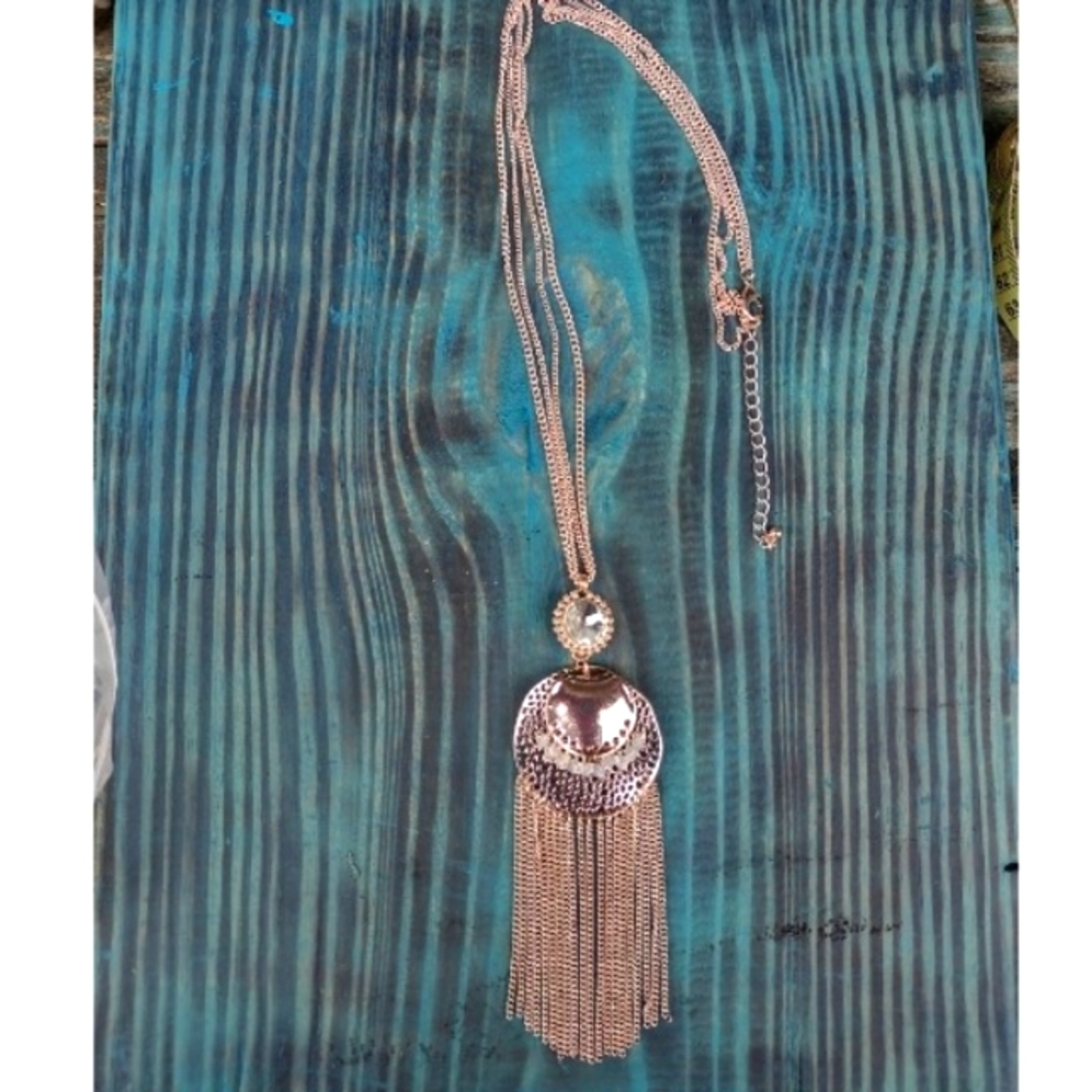 Double Chain Necklace with Hammered Silver Toned Circular Fringe Pendant